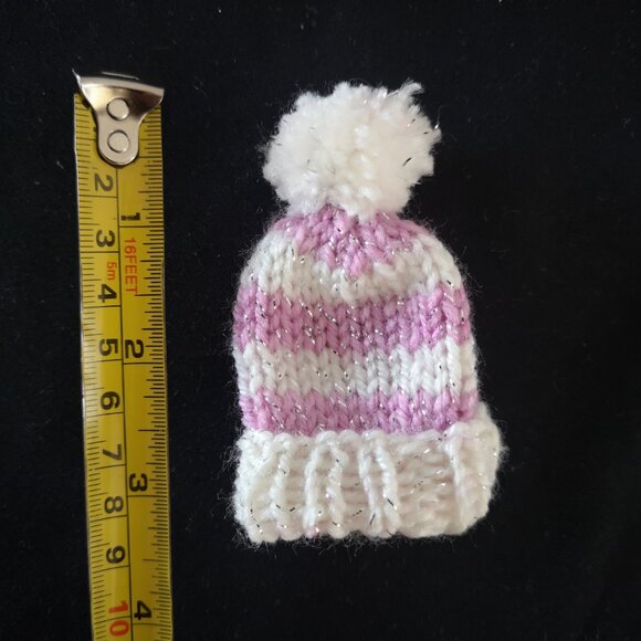Set Pink White Glitter Handknit Mini Hat and Scarf Xmas Ornament Bottle Topper - Picture 4 of 4